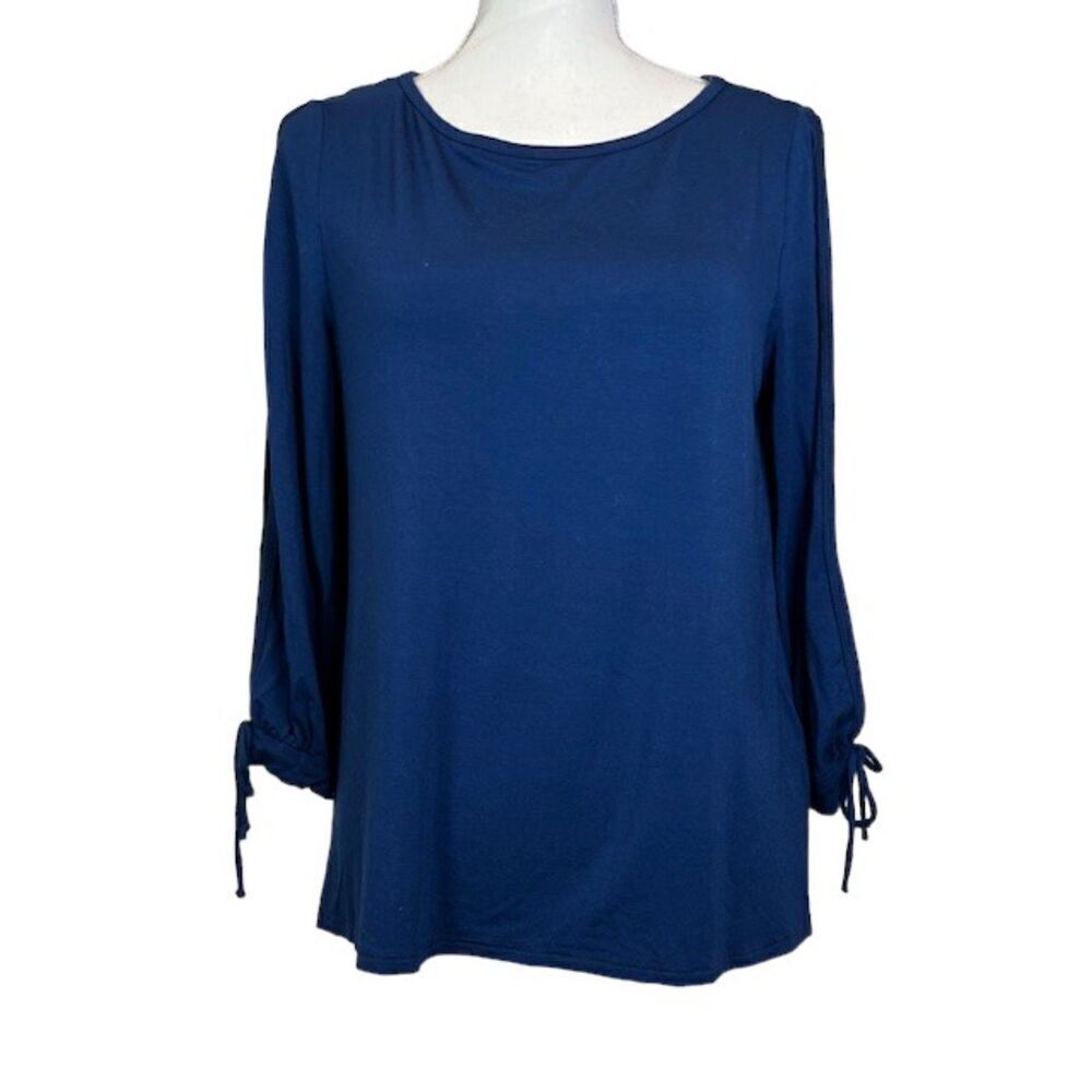 Trina Turk Gabriella Cold Shoulder Open Arm Tie Navy Blouse Tunic Size Medium